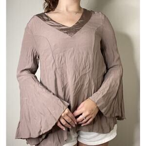 Cobblestone Living Taupe Brown Viscose Bell Sleeve Blouse Top Made In Italy